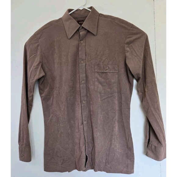 Vtg 70s Shirt Mens M Suede Brown Velour Disco Dagger Collar Arnel Triacetate - Picture 1 of 7